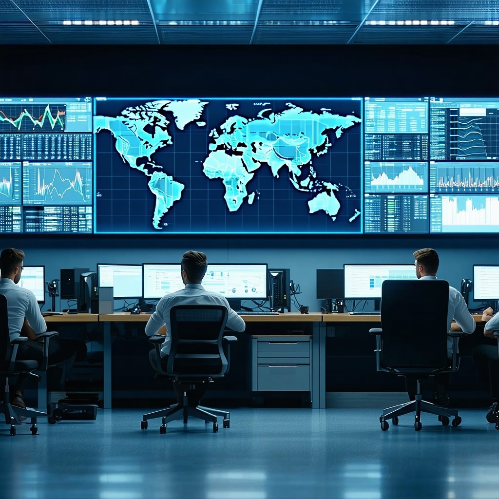 Managed service providers network operations center with people at their desks and big NOC screen in the background