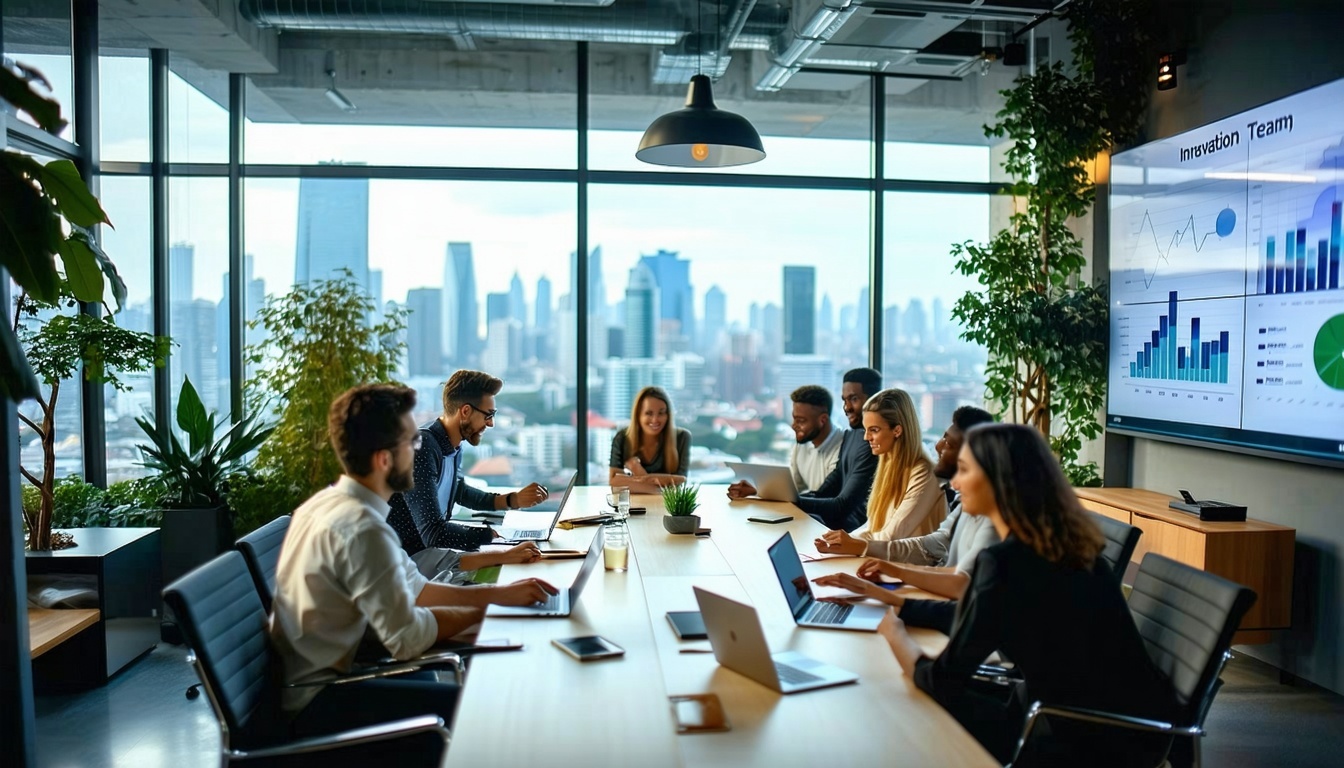 The image depicts a sleek modern office space bustling with activity In the foreground a diverse group of professionals engages in a collaborative mee