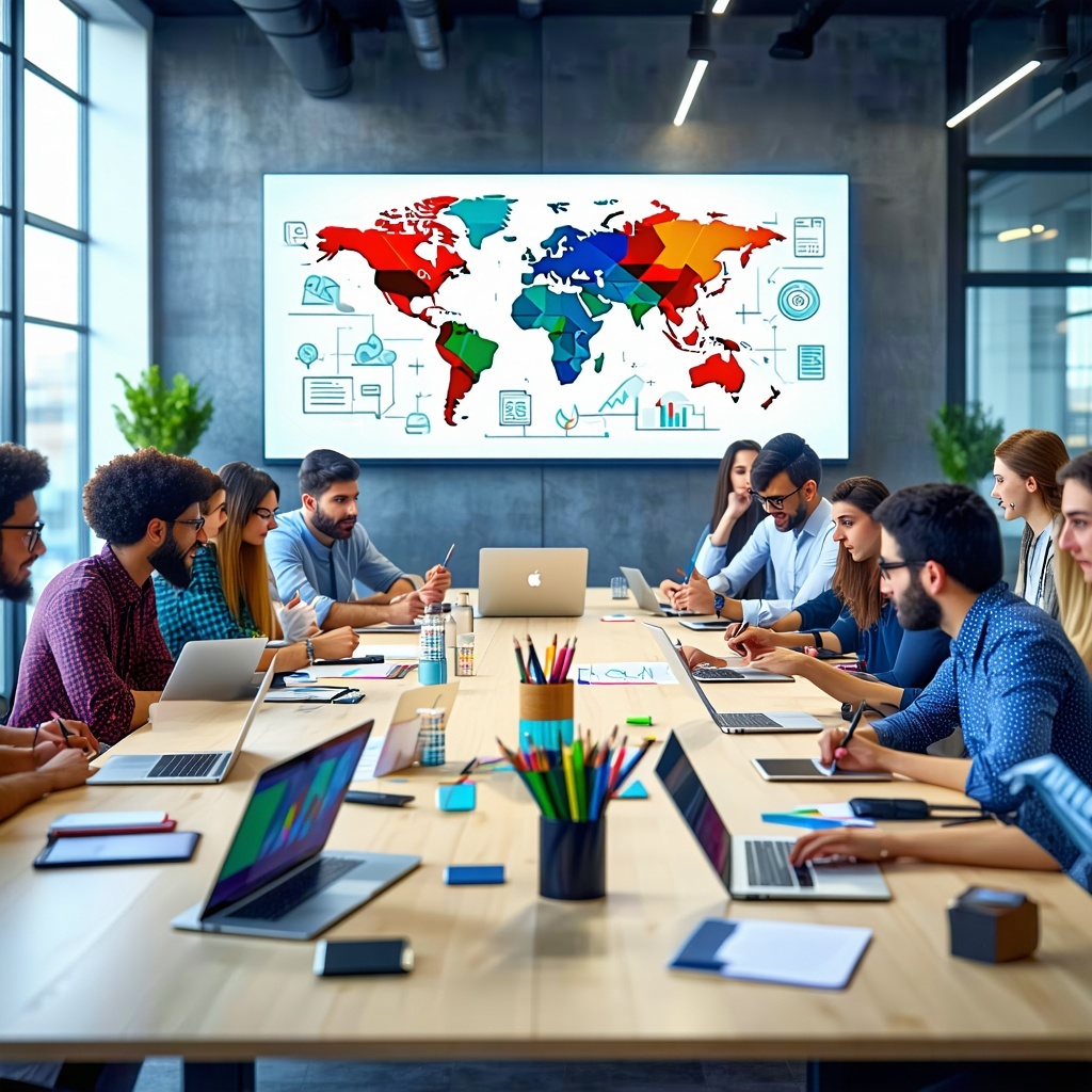 The image features a sleek modern workspace filled with diverse professionals collaborating around a large table Laptops and digital devices are scatt